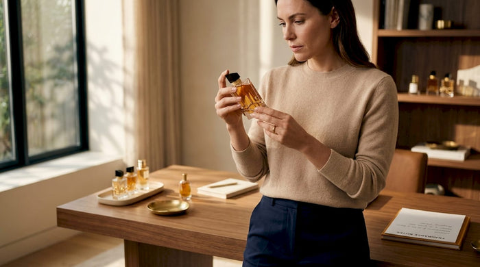 Woman inspecting niche perfume bottles at shelf