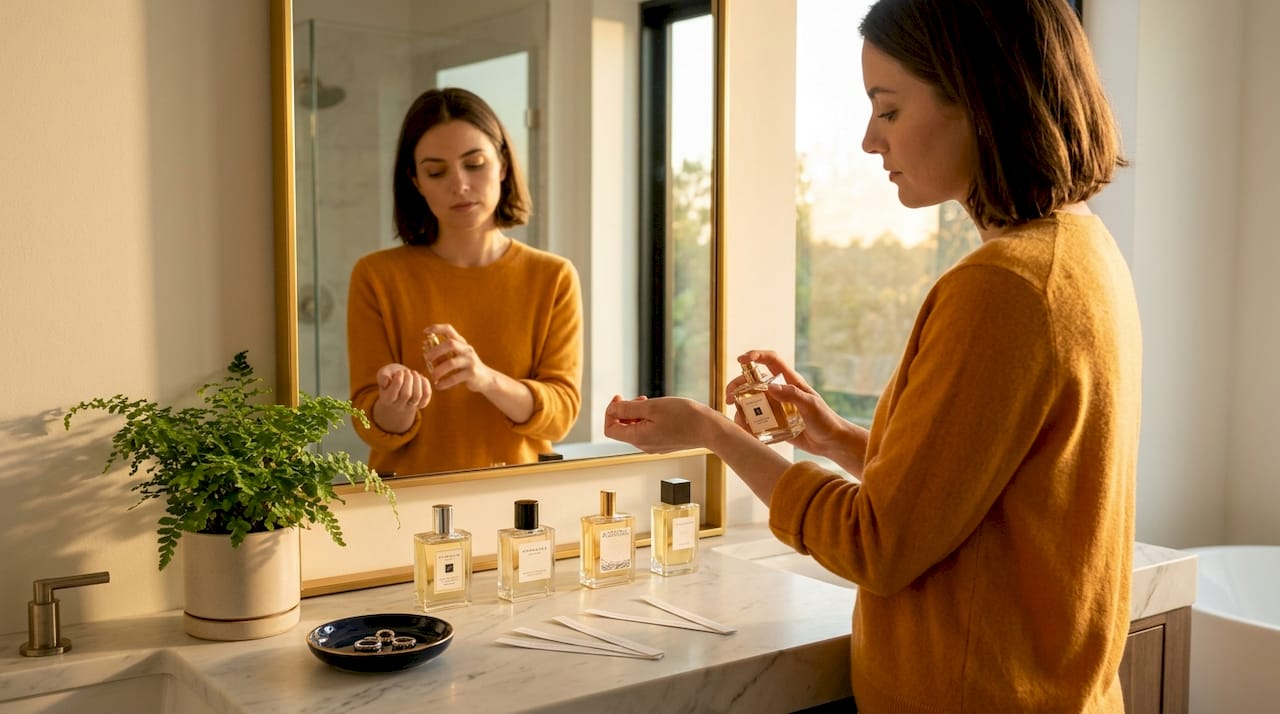Woman layering perfume at home vanity