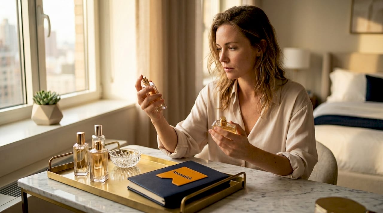 Woman choosing perfumes at dressing table