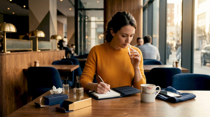 Woman testing perfumes at home kitchen table