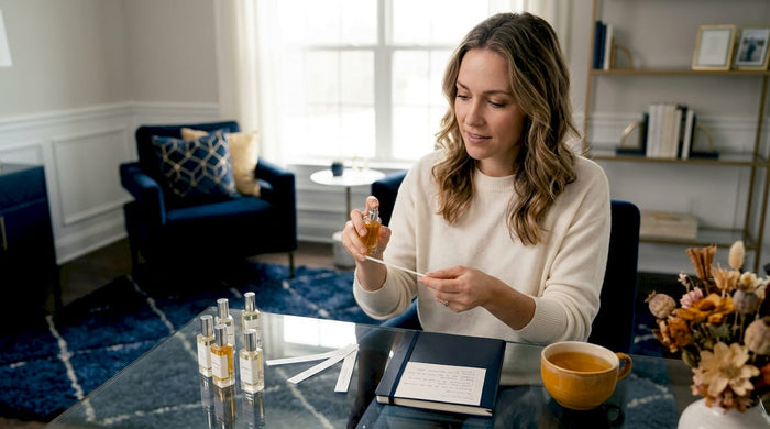 Person testing fragrances at home table