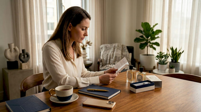 Woman comparing perfume bottles at home table