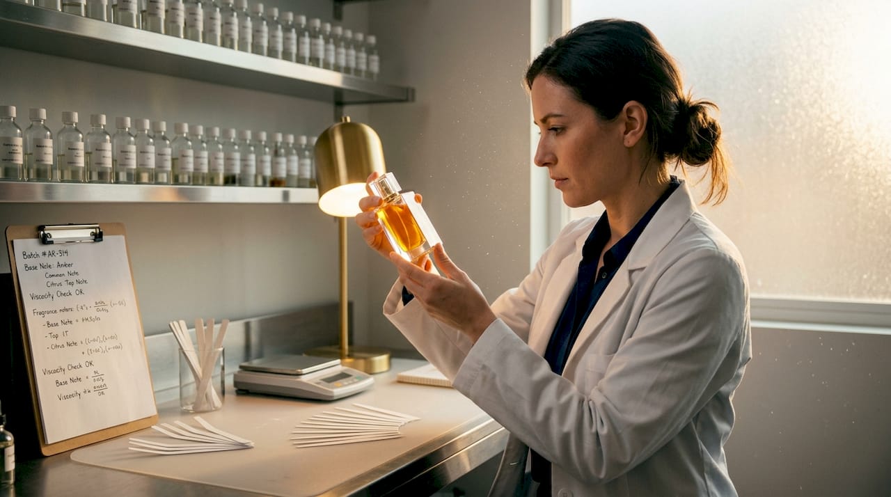 Lab technician verifying fragrance authenticity