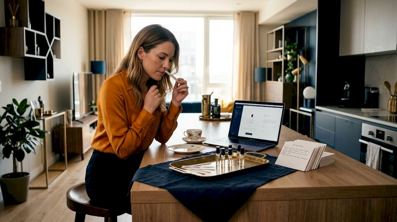 Woman testing fragrances at home kitchen table