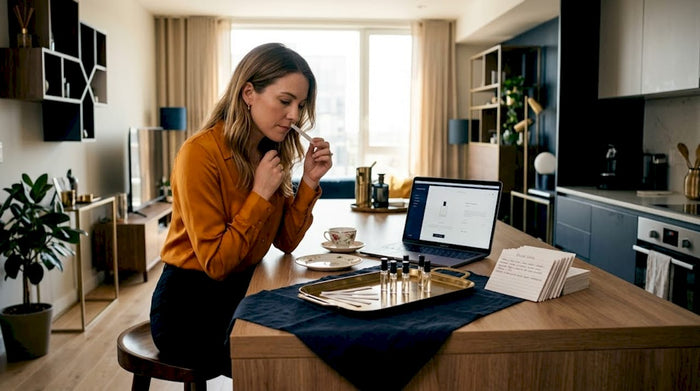Woman testing fragrances at home kitchen table