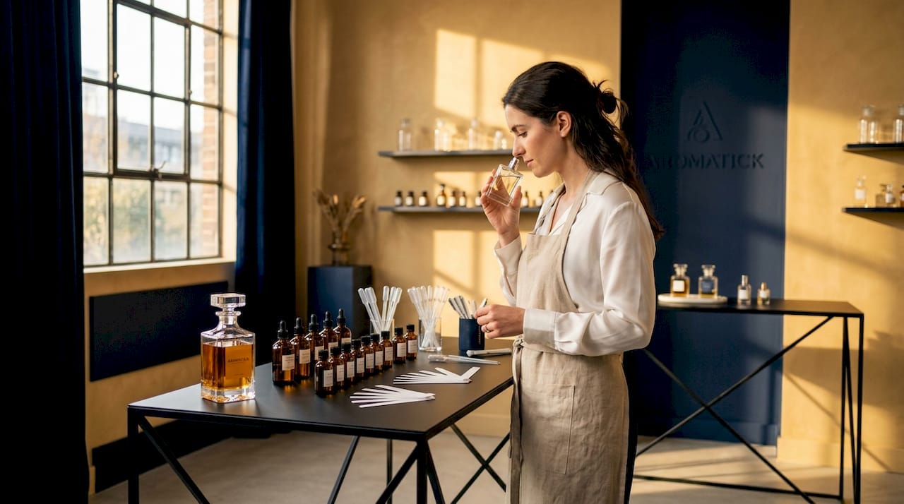 Perfumer smelling fragrance in bright studio