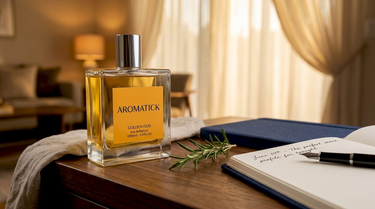Elegant authentic cologne bottle on wooden dresser