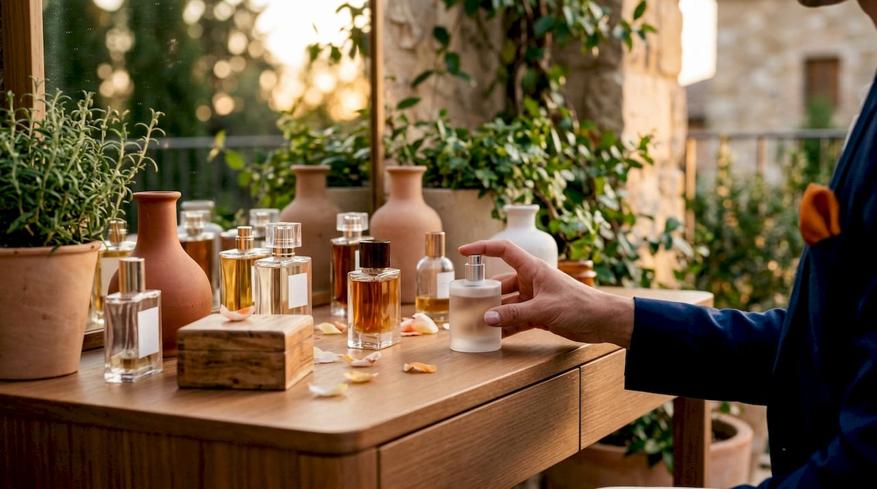 Hand picking a unisex fragrance bottle on vanity
