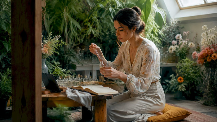 Woman decanting perfume into smaller vial