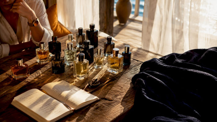 Perfume bottles showing concentration types on vanity