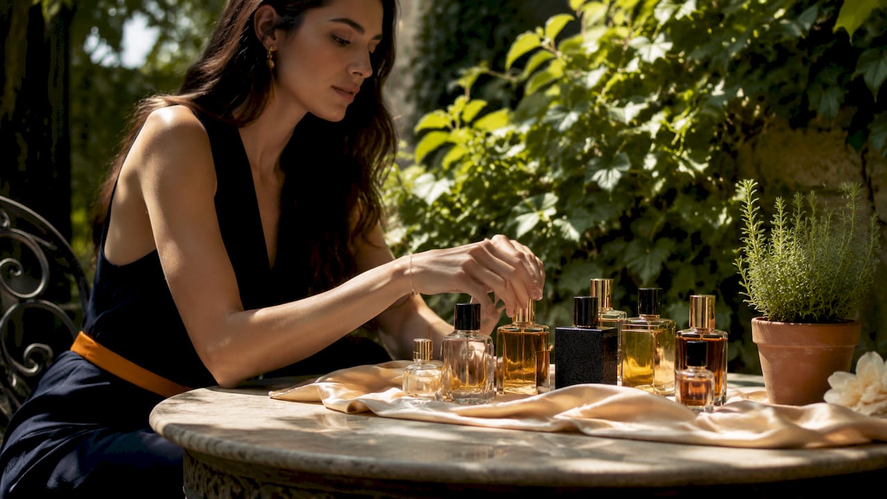 Woman arranging perfume collection on vanity