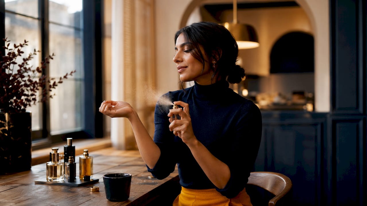 Woman spraying perfume on wrist indoors