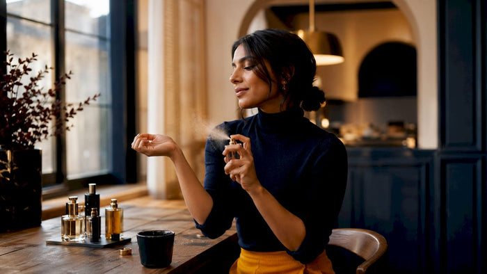 Woman spraying perfume on wrist indoors