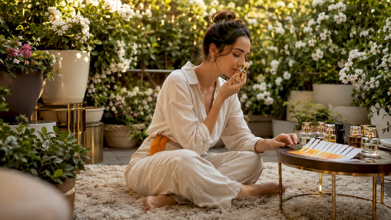 Woman discovering fragrance scent profile at vanity