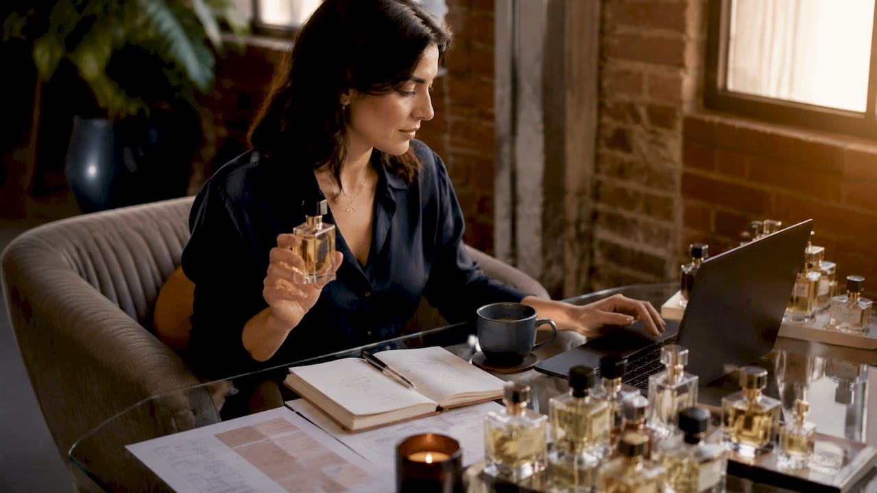 Woman evaluating designer perfumes and prices at home
