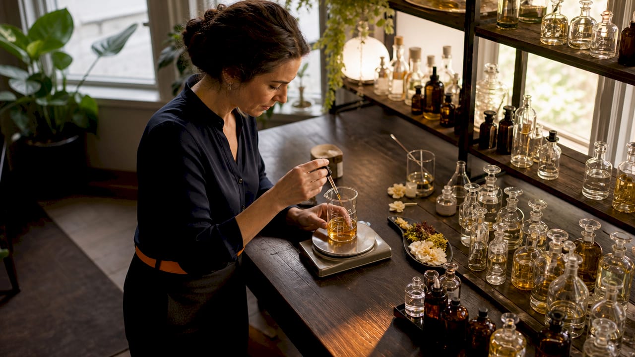 Perfumers hands mixing niche fragrance ingredients