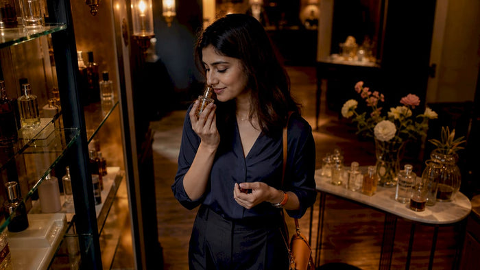 Woman smelling perfume tester bottle in boutique