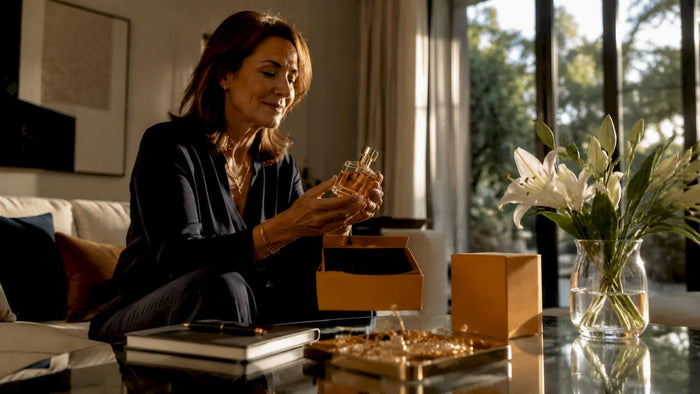 Woman unboxing authentic perfume bottle at vanity