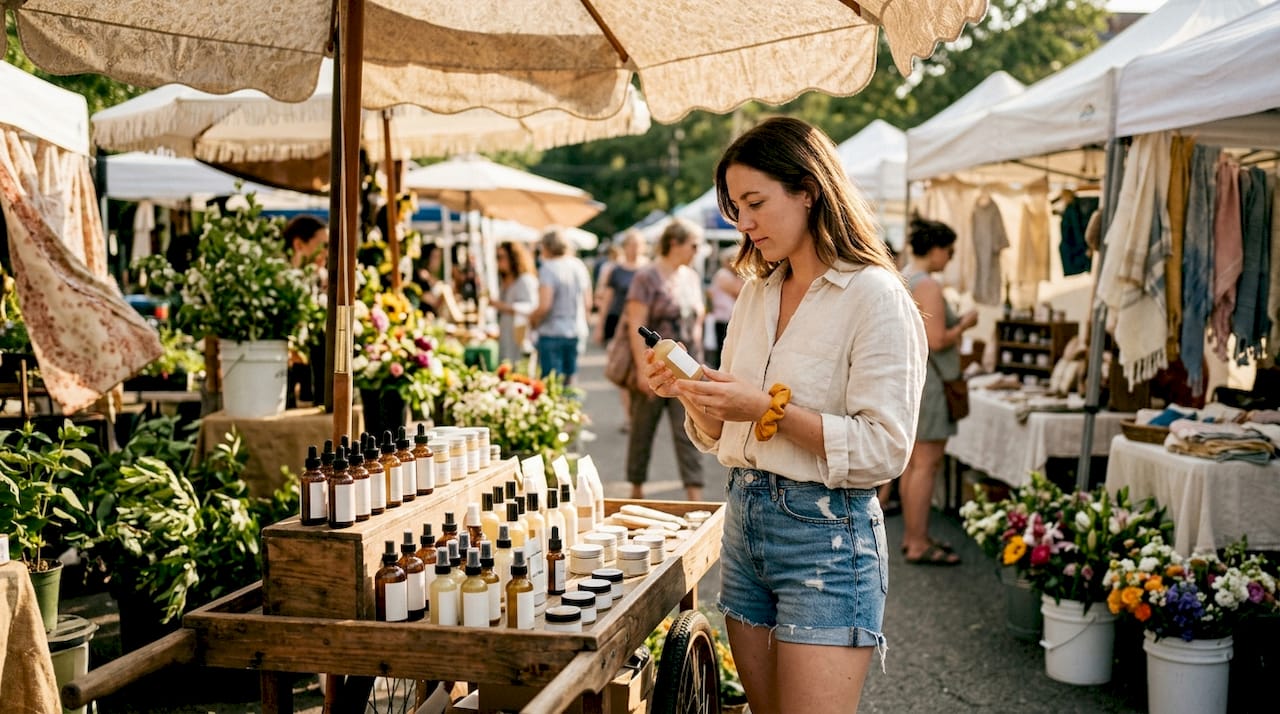 Woman browsing affordable skincare products in store