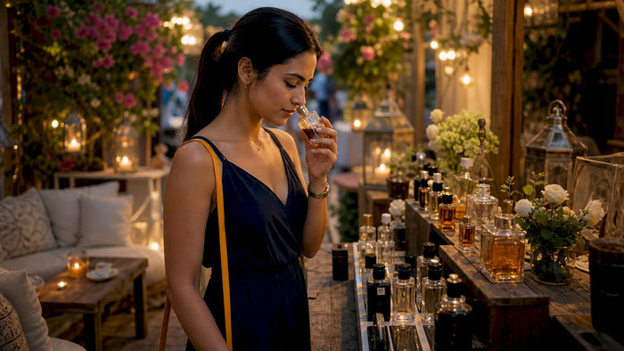 Woman selecting perfume in boutique store