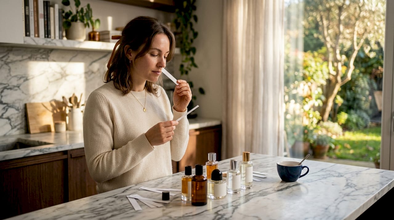 Woman testing fragrance at sunlit home vanity