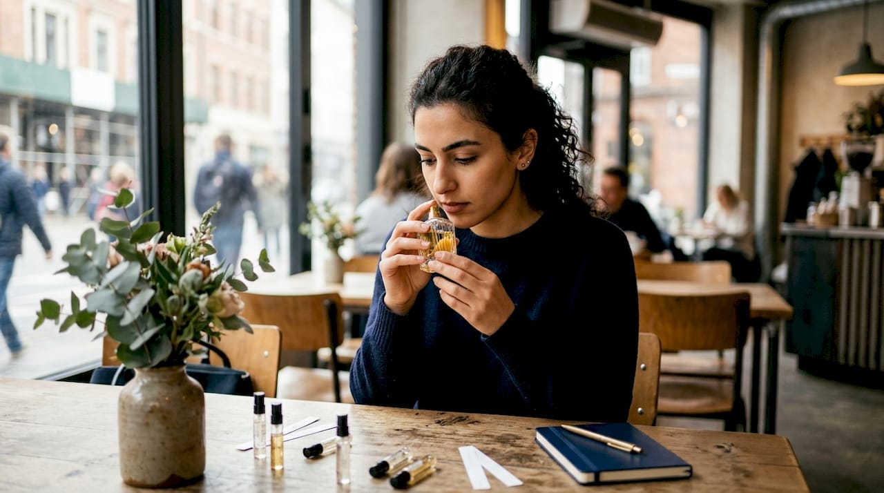Woman smelling perfume bottle indoors