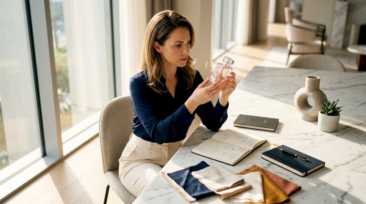 Brand manager examining perfume bottle design