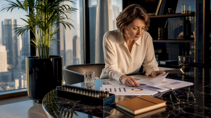 Executive reviewing fragrance sales reports