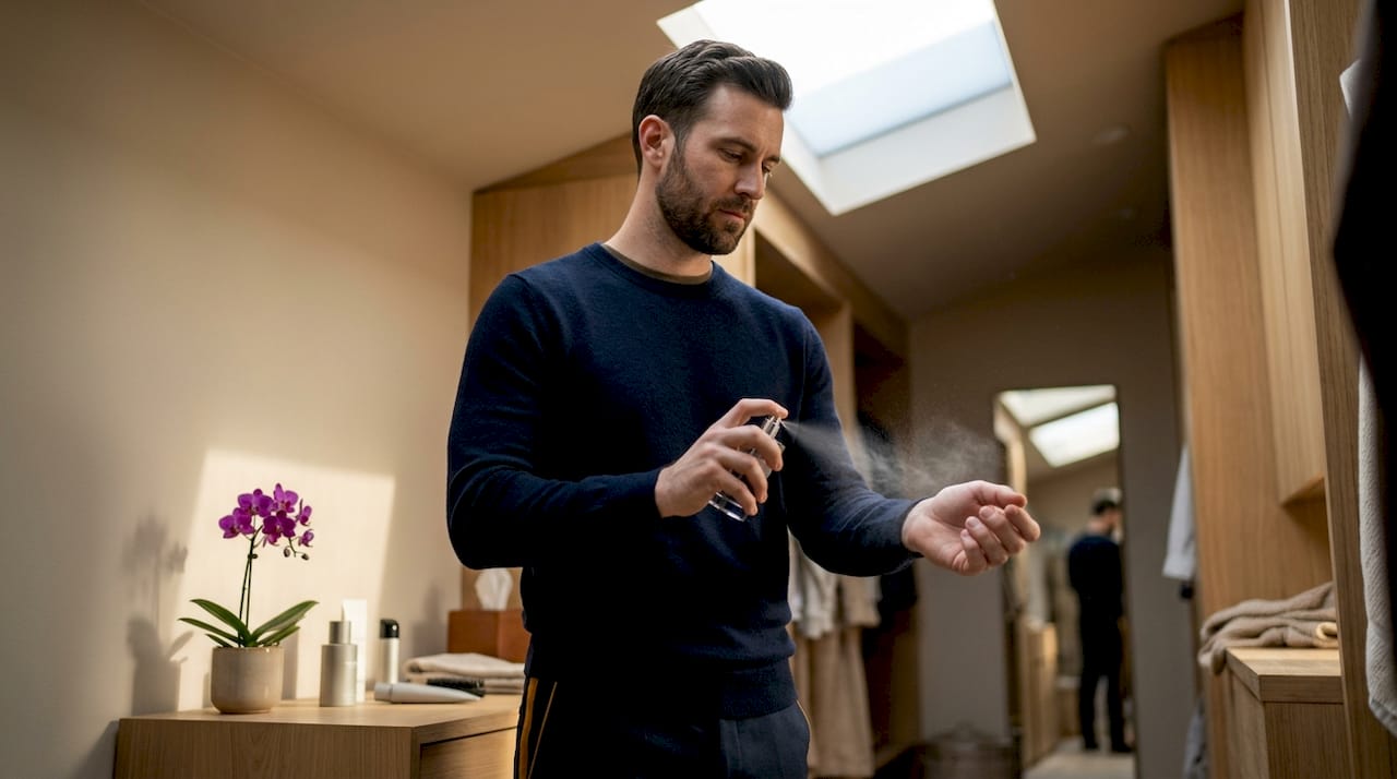 Man applying masculine cologne in bathroom