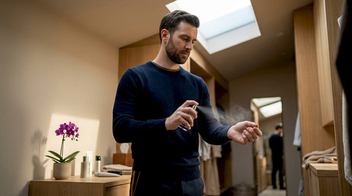 Man applying masculine cologne in bathroom