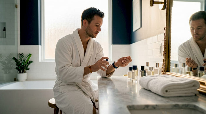 Man testing cologne on wrist at home