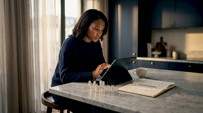 Woman checking fragrance discount websites at home