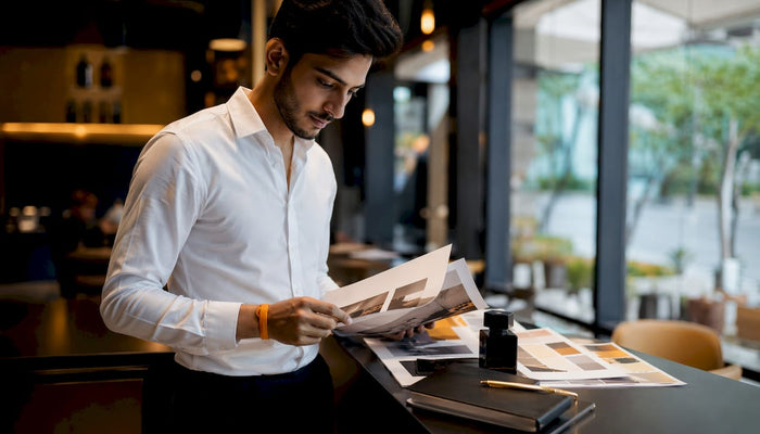 Man reviewing fragrance marketing materials at desk