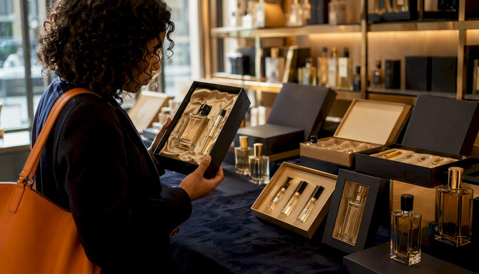 Customer browsing perfume gift sets display