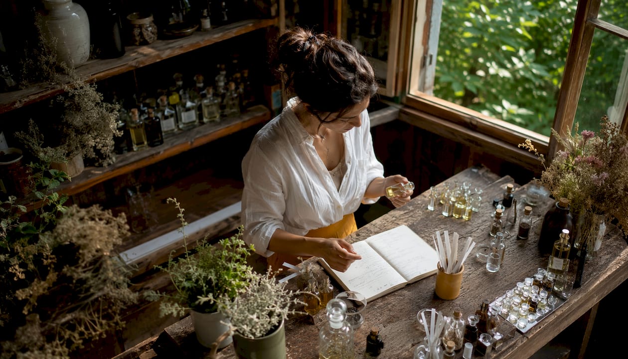 Indie perfume founder examining bottles in home studio