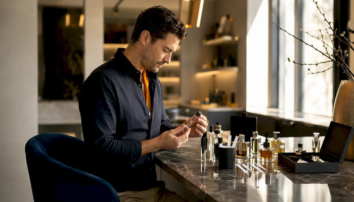 Man examining cologne sample indoors