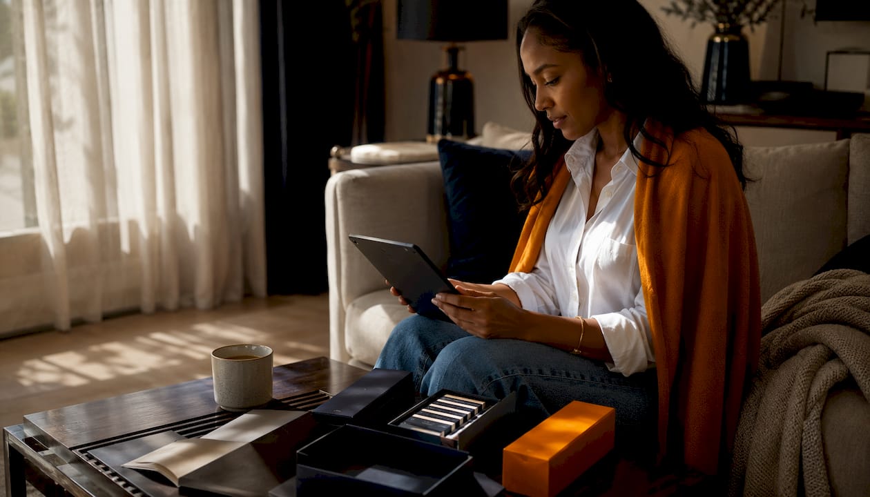 Woman comparing fragrance options on tablet