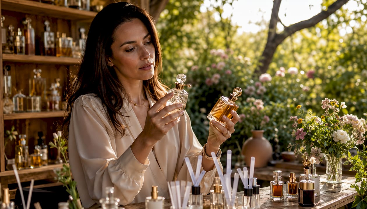 Consultant comparing perfume bottles in boutique