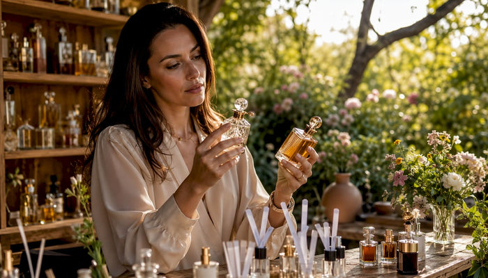 Consultant comparing perfume bottles in boutique
