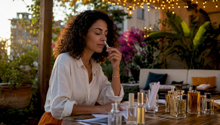 Buyer testing perfume scent at counter