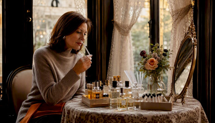 Woman evaluating discounted colognes at home vanity