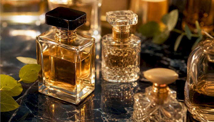 Partial elegant women's perfume bottles on reflective surface