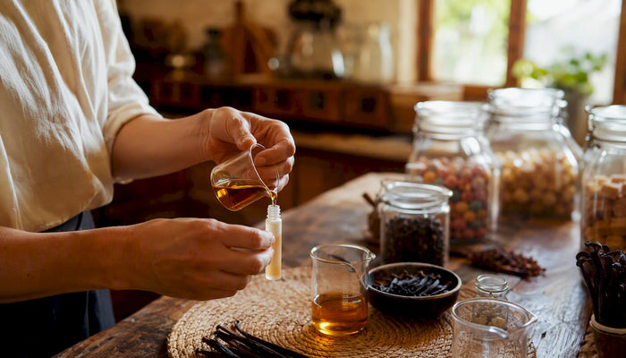 Hands pouring edible fragrance oil into vial