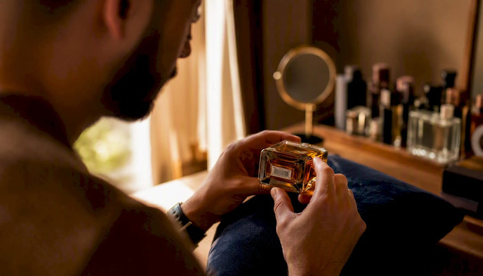 Person photographing perfume packaging details