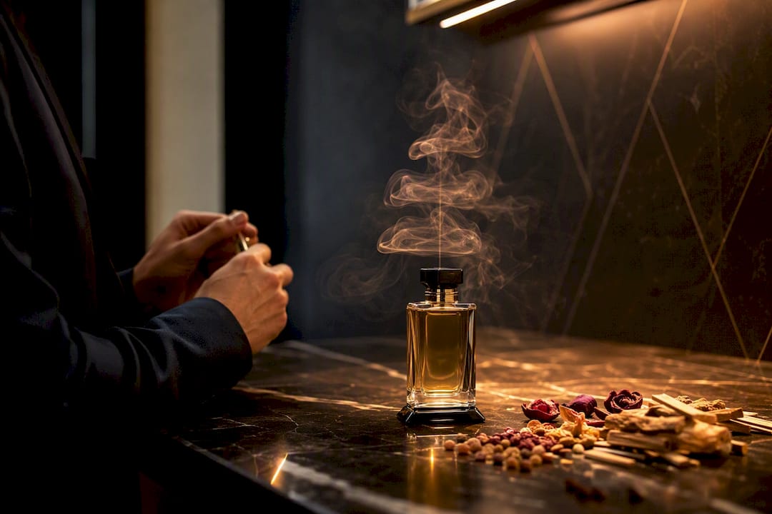 Perfume bottle with vapor rising pyramid