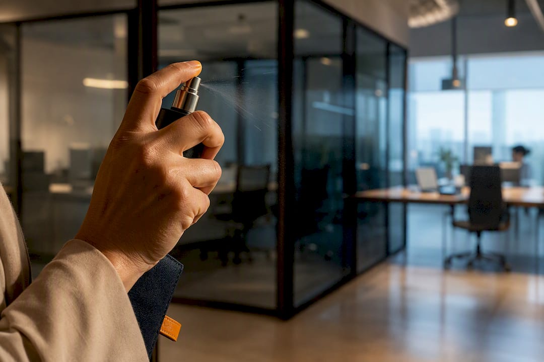 Employee applying one discreet perfume spray