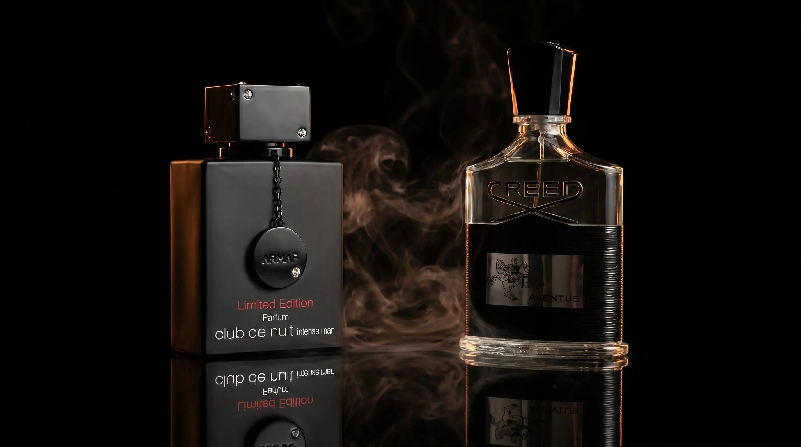 Armaf CDNIM Limited Edition and Creed Aventus bottles dramatic side by side product shot