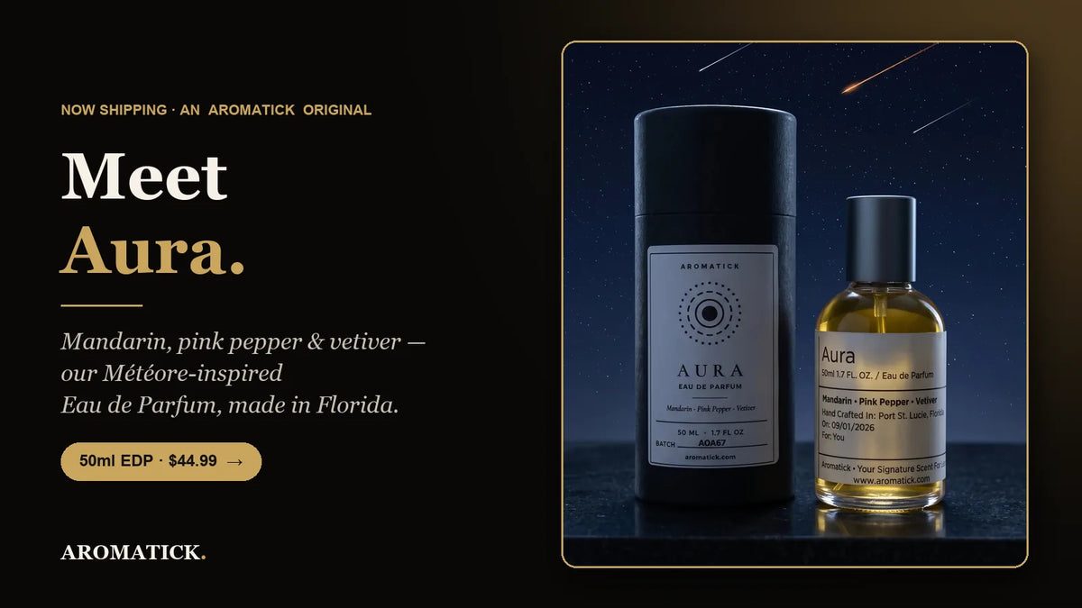 Aromatick Aura eau de parfum 50ml bottle and black gift tube — mandarin, pink pepper and vetiver, inspired by Louis Vuitton Météore
