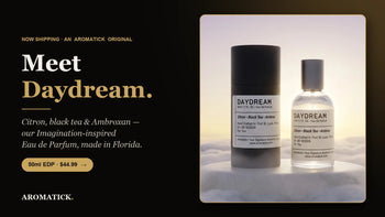 Aromatick Daydream eau de parfum 50ml bottle and black gift tube — citron, black tea and Ambroxan, inspired by Louis Vuitton Imagination