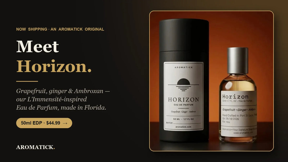Aromatick Horizon eau de parfum 50ml bottle and black gift tube — grapefruit, ginger and Ambroxan, inspired by Louis Vuitton L'Immensité